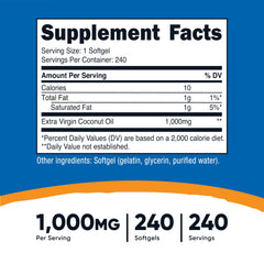 Nutricost Coconut Oil Softgels bottle side label highlighting gluten free and non-GMO ingredients