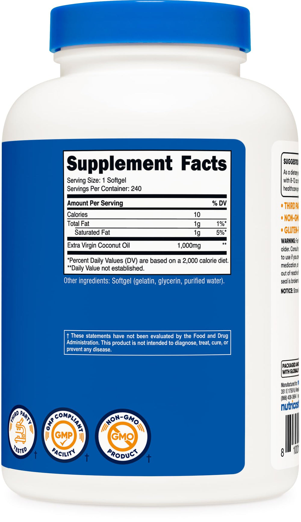 Nutricost Coconut Oil Softgels factory view emphasizing GMP and FDA registration