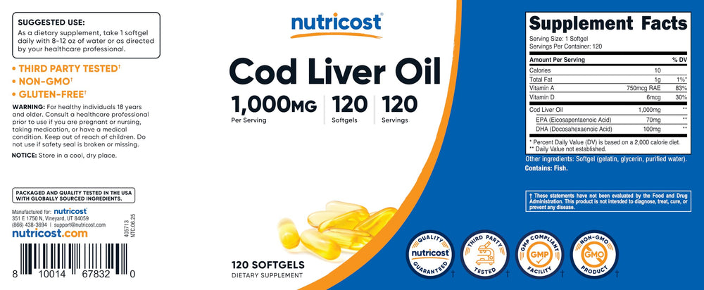 Nutricost cod liver oil facility badge indicating GMP and third-party testing.