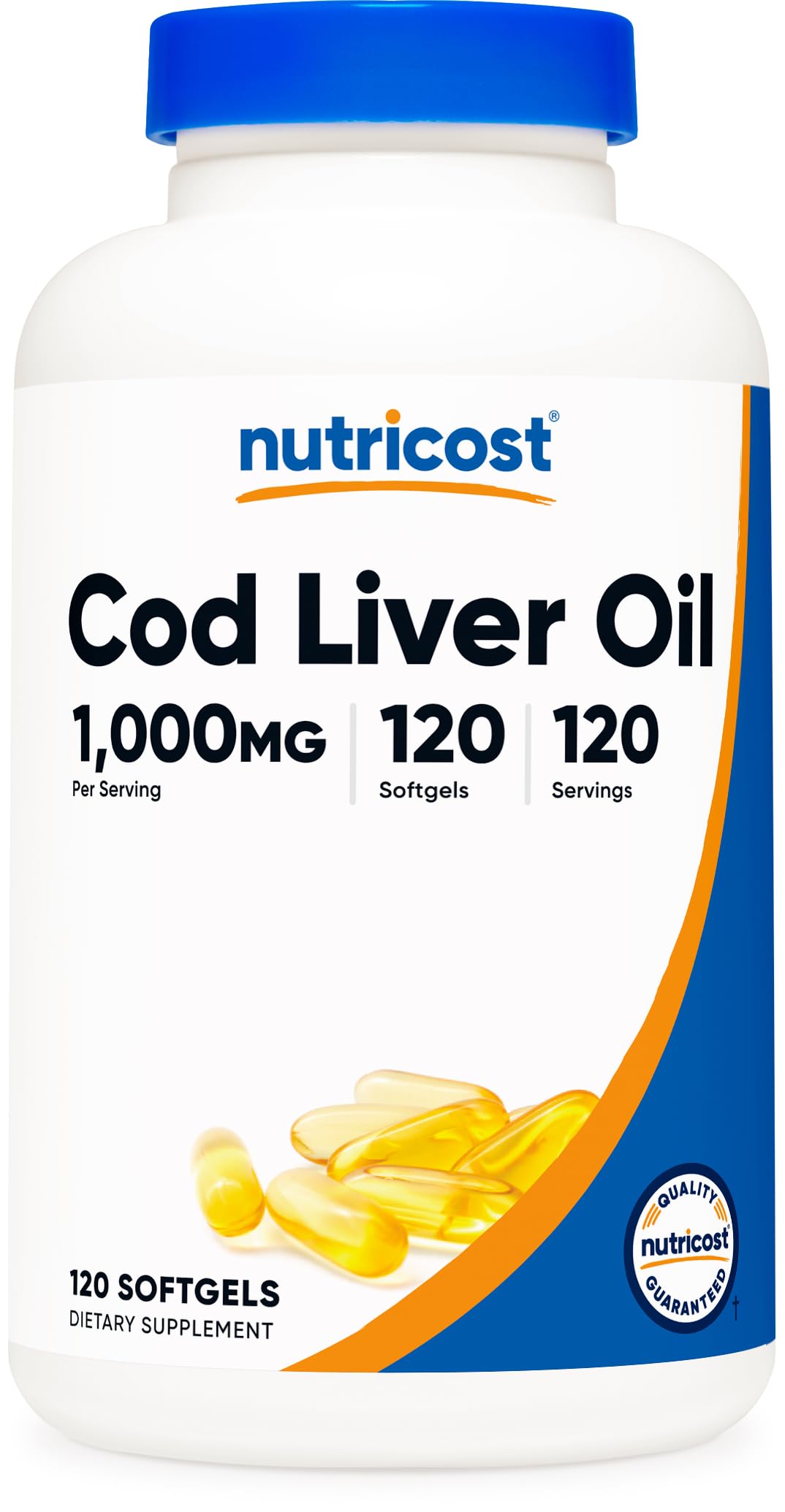 Nutricost cod liver oil softgel bottle highlighting 1000mg dosage for daily omega-3 support.