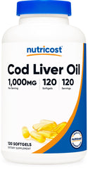 Nutricost cod liver oil softgel bottle highlighting 1000mg dosage for daily omega-3 support.
