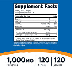 Nutricost cod liver oil softgel capsules closeup emphasizing easy-swallow design.