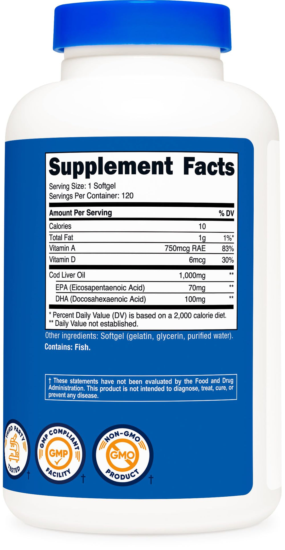 Nutricost cod liver oil vitamin A and D benefits highlighted on packaging.