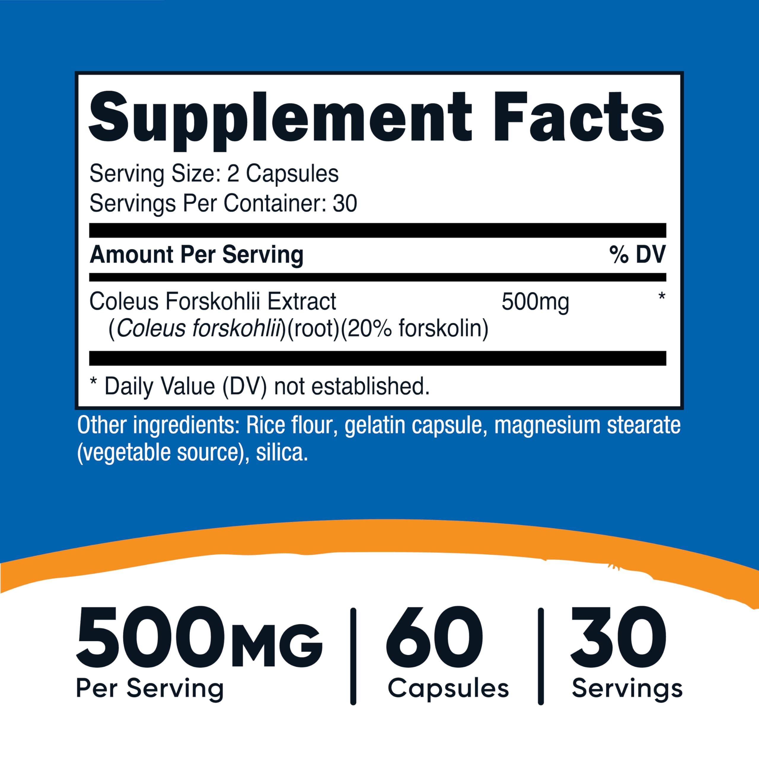 Nutricost Coleus Forskohlii capsules close-up: clear dosage and quality in each capsule.