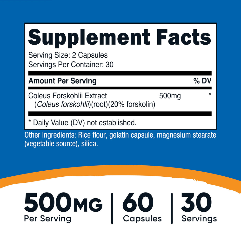 Nutricost Coleus Forskohlii capsules close-up: clear dosage and quality in each capsule.