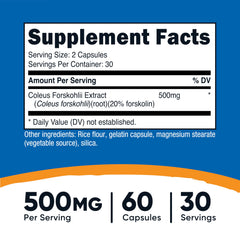 Nutricost Coleus Forskohlii capsules close-up: clear dosage and quality in each capsule.