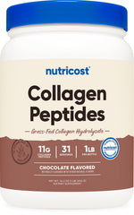 Nutricost Collagen Peptides powder tub front shows chocolate flavor, ideal for everyday beverages.