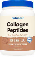 Nutricost collagen peptides powder tub with salted caramel flavor for easy daily supplementation.