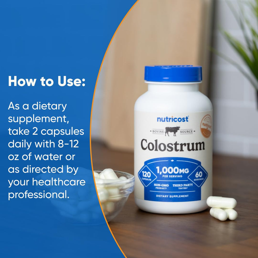 Gluten-free and non-GMO banner on Nutricost Colostrum label