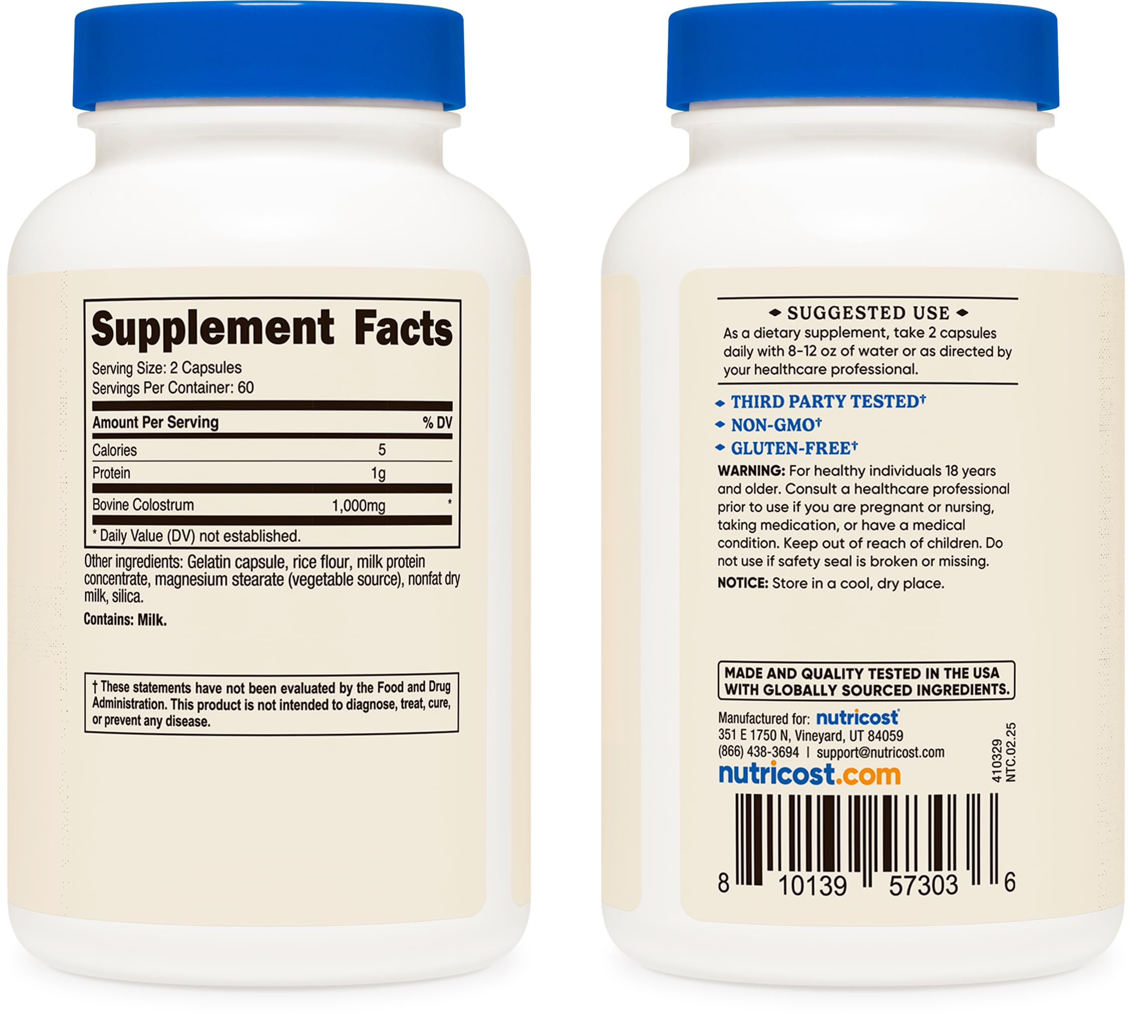 Label shows serving size two capsules for Nutricost Colostrum