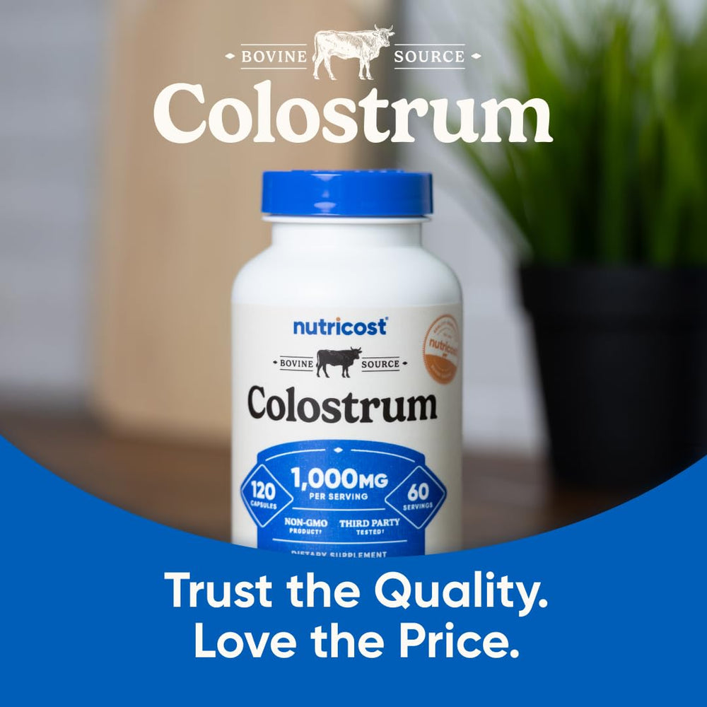 Third-party tested seal visible on Nutricost Colostrum packaging