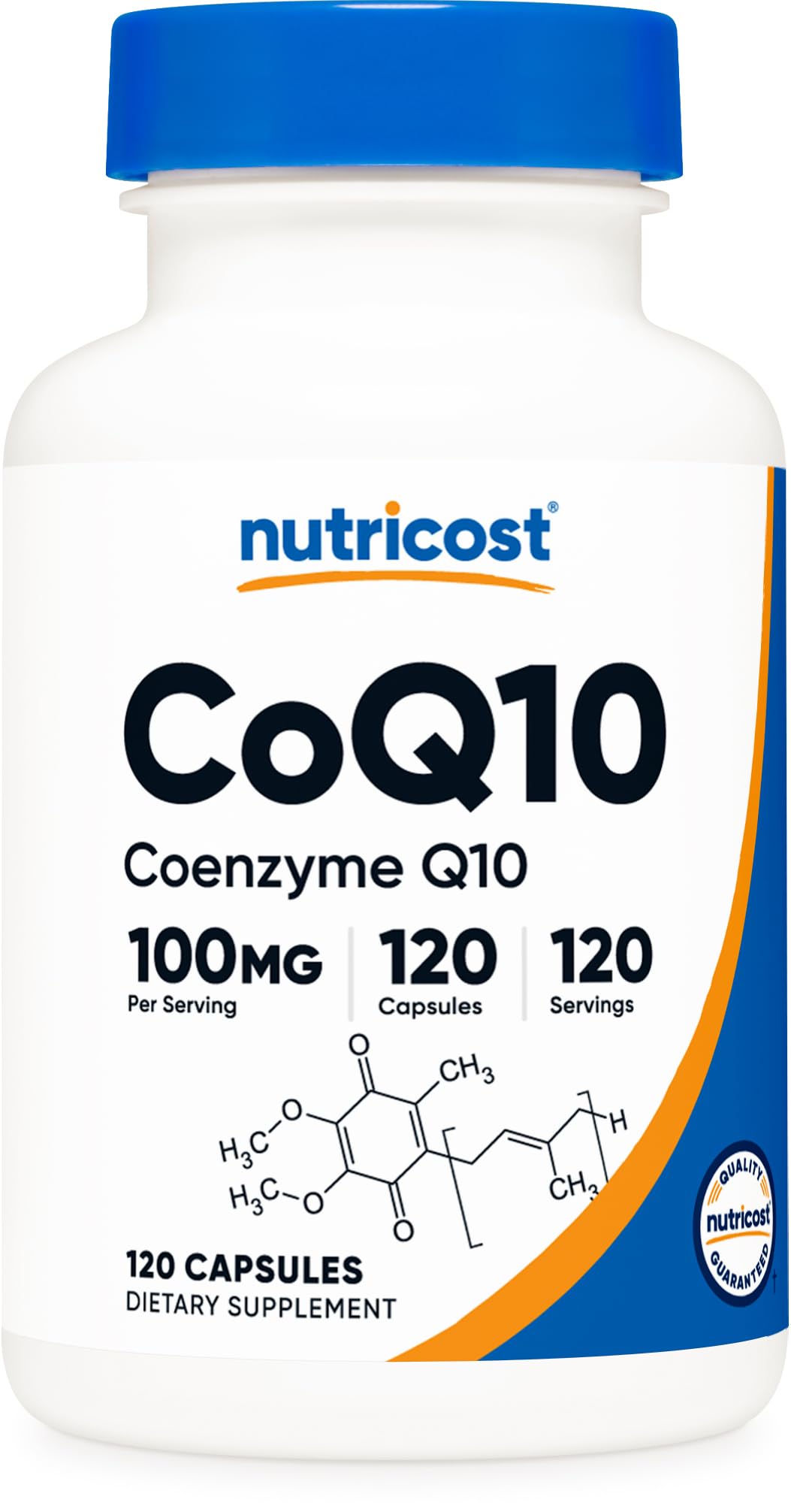 Nutricost CoQ10 100mg capsule close-up with a vegetarian capsule and high-absorption design