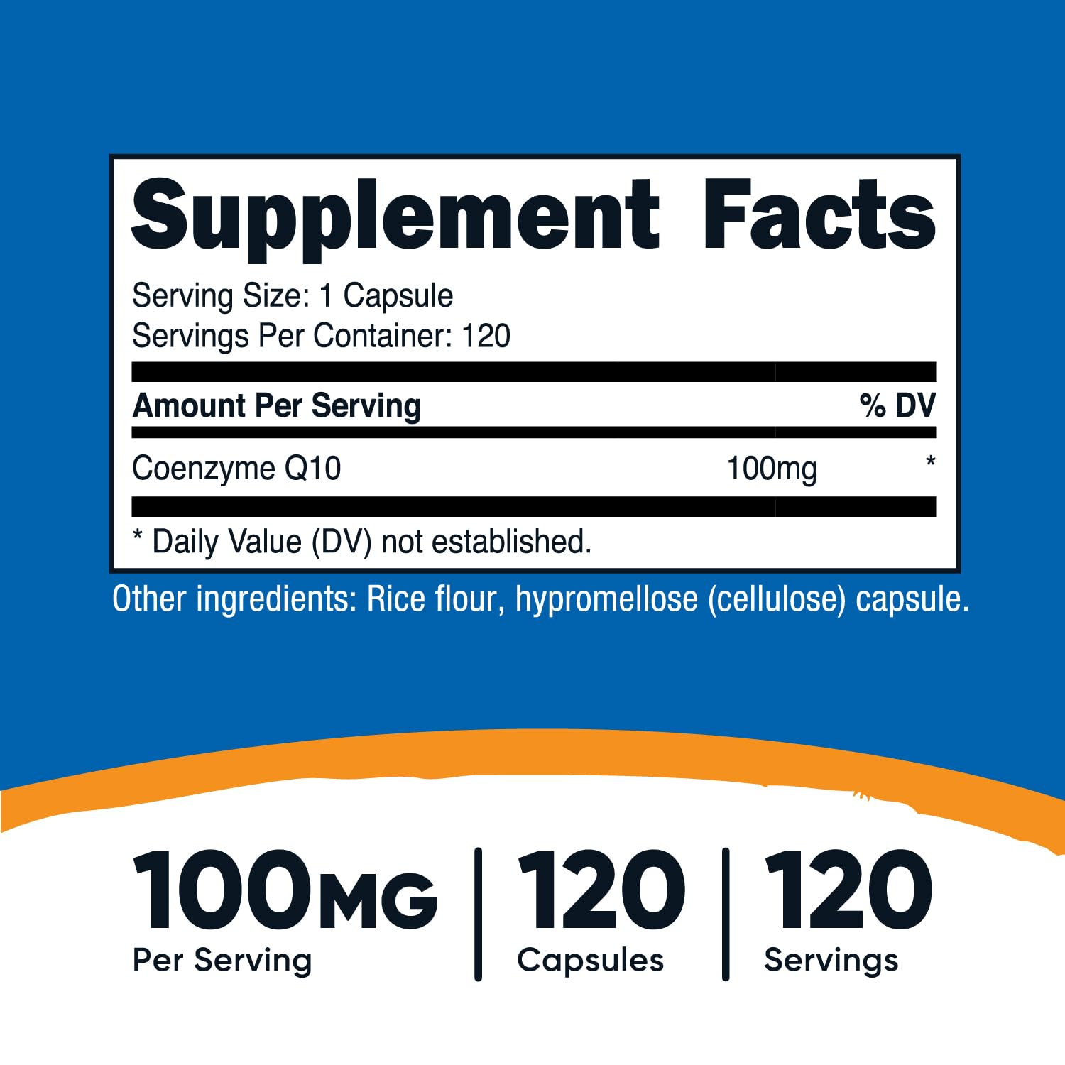Nutricost CoQ10 bottle front showing 120 vegetarian capsules for a long-lasting supply