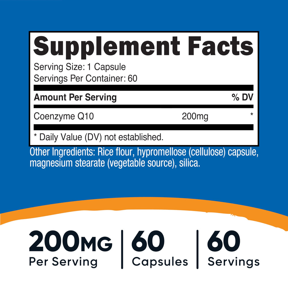 Close-up of Nutricost CoQ10 label highlighting ingredients and dosage.