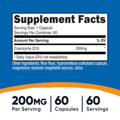 Close-up of Nutricost CoQ10 label highlighting ingredients and dosage.