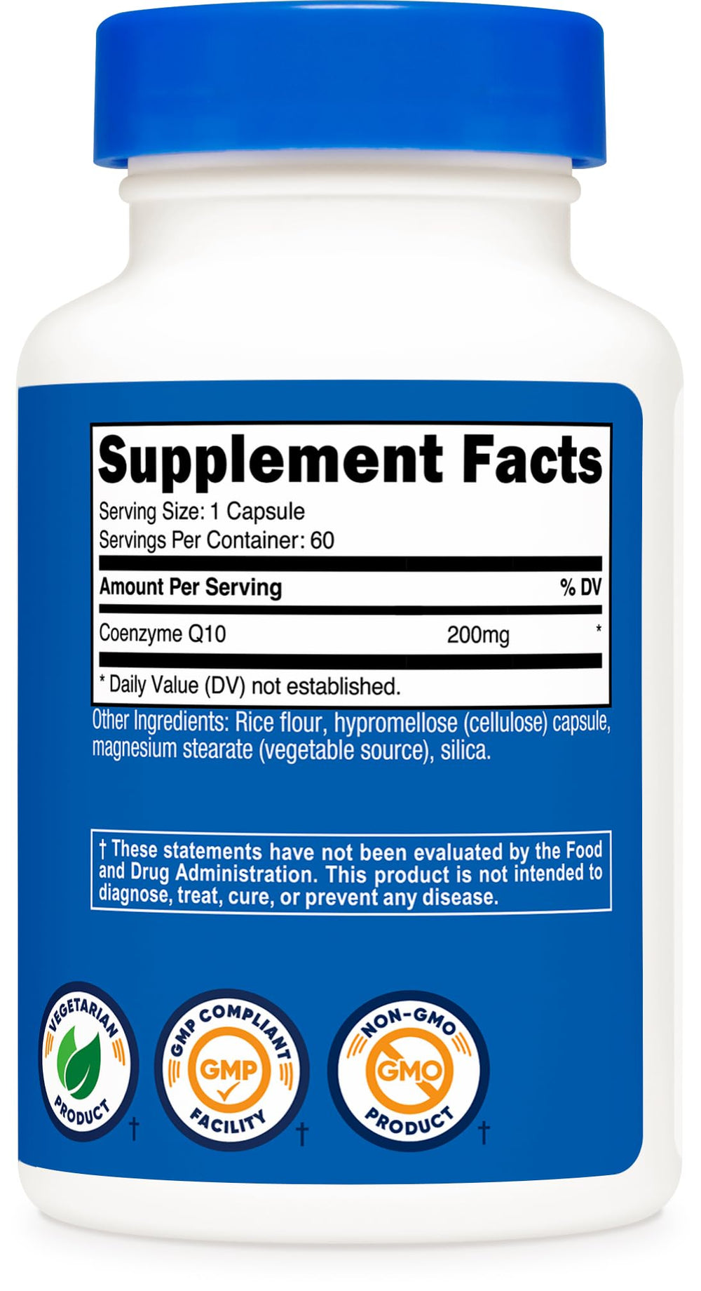 Nutricost CoQ10 packaging on a shelf, non-GMO and gluten-free.