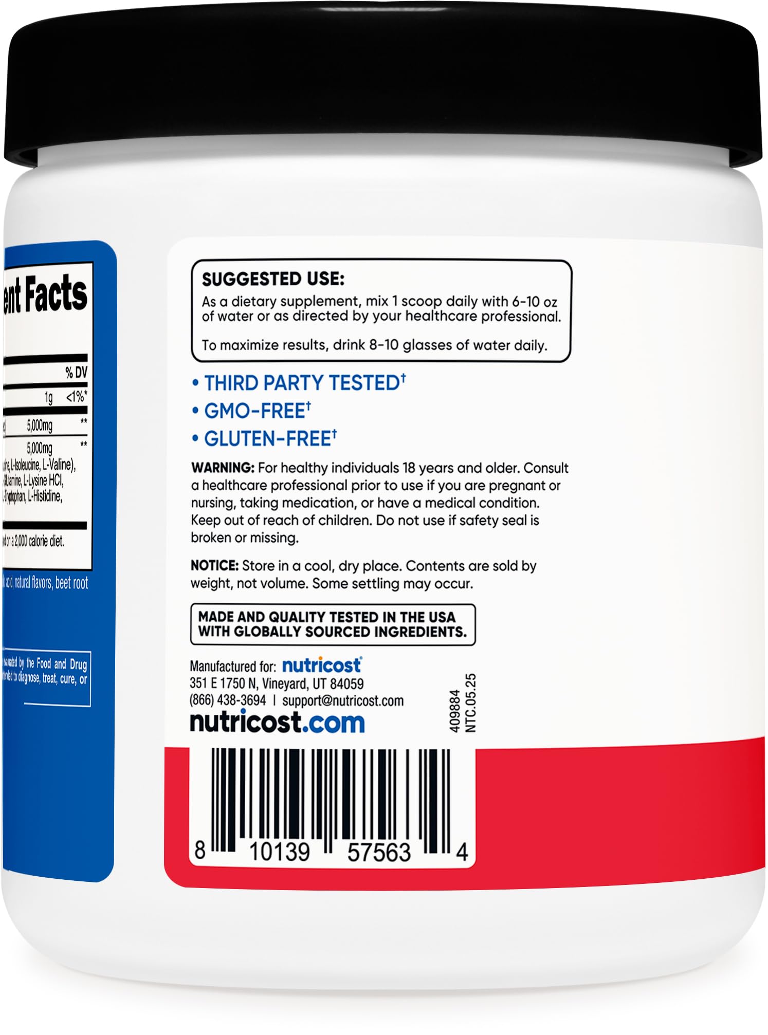 Nutricost Creatine + Aminos container, GMP-verified and gluten-free supplement packaging