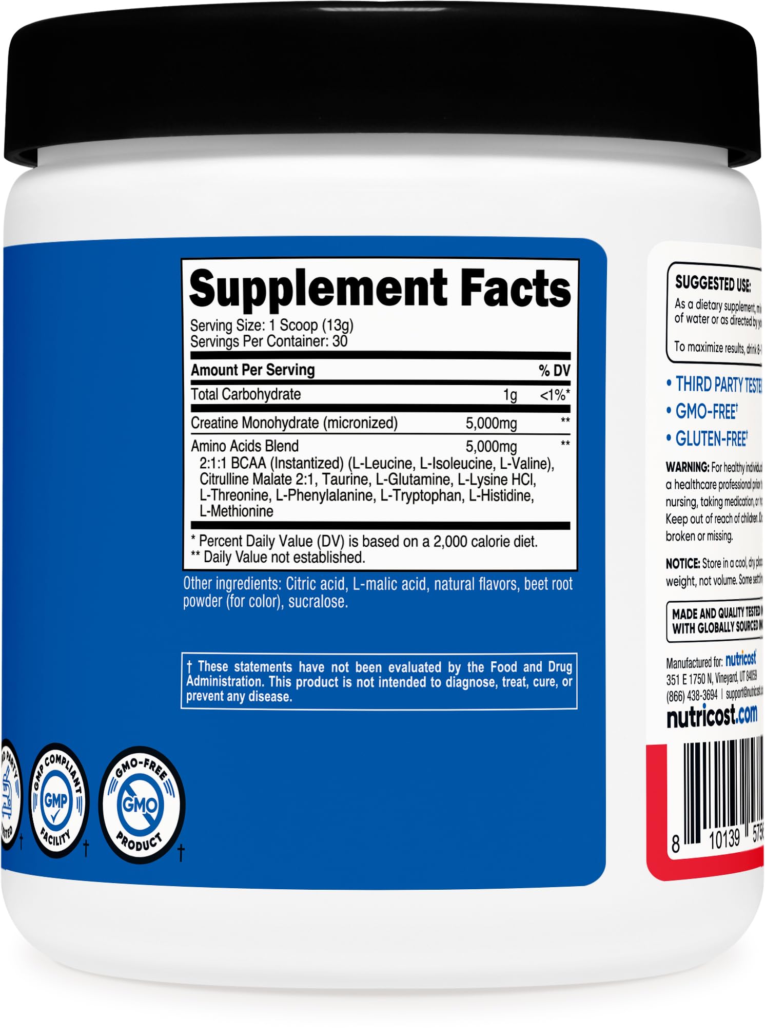 Nutricost Creatine + Aminos label close-up, highlighting quality ingredients