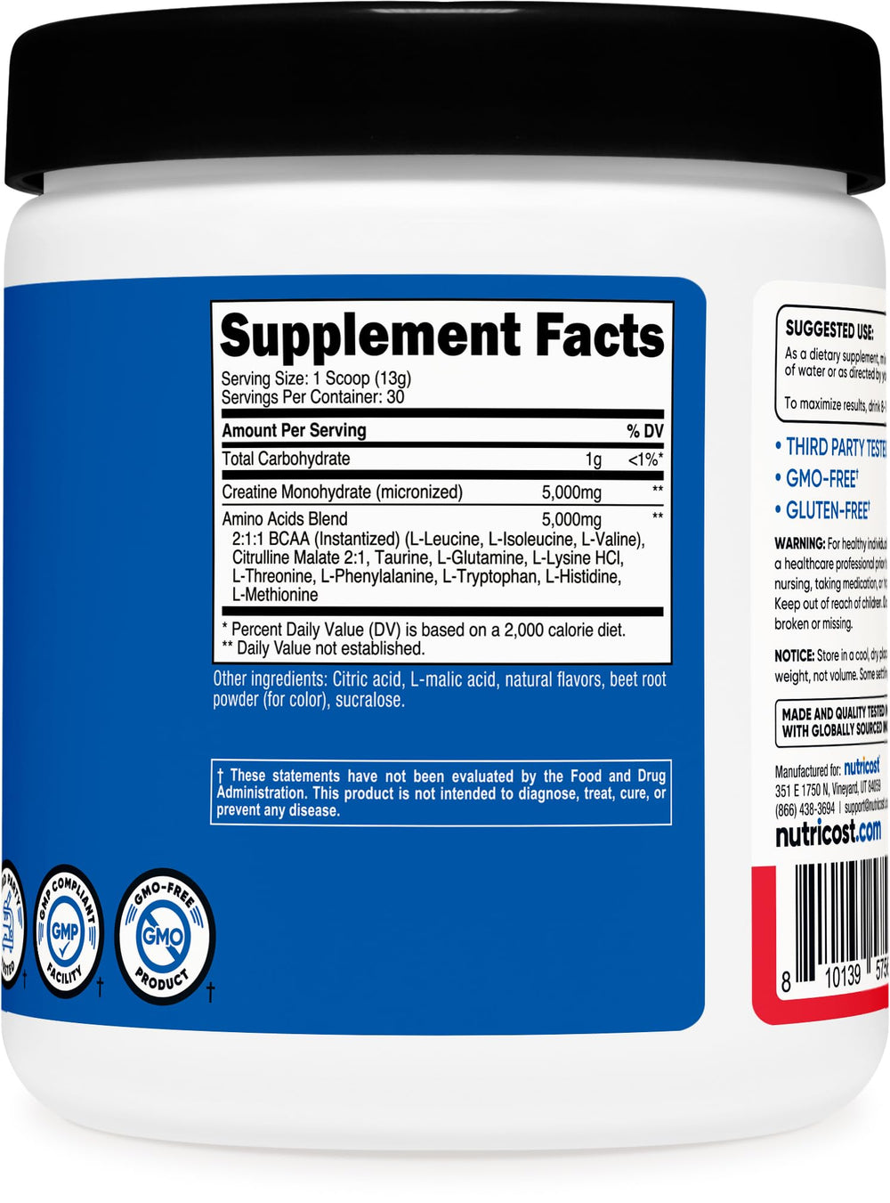 Nutricost Creatine + Aminos label close-up, highlighting quality ingredients