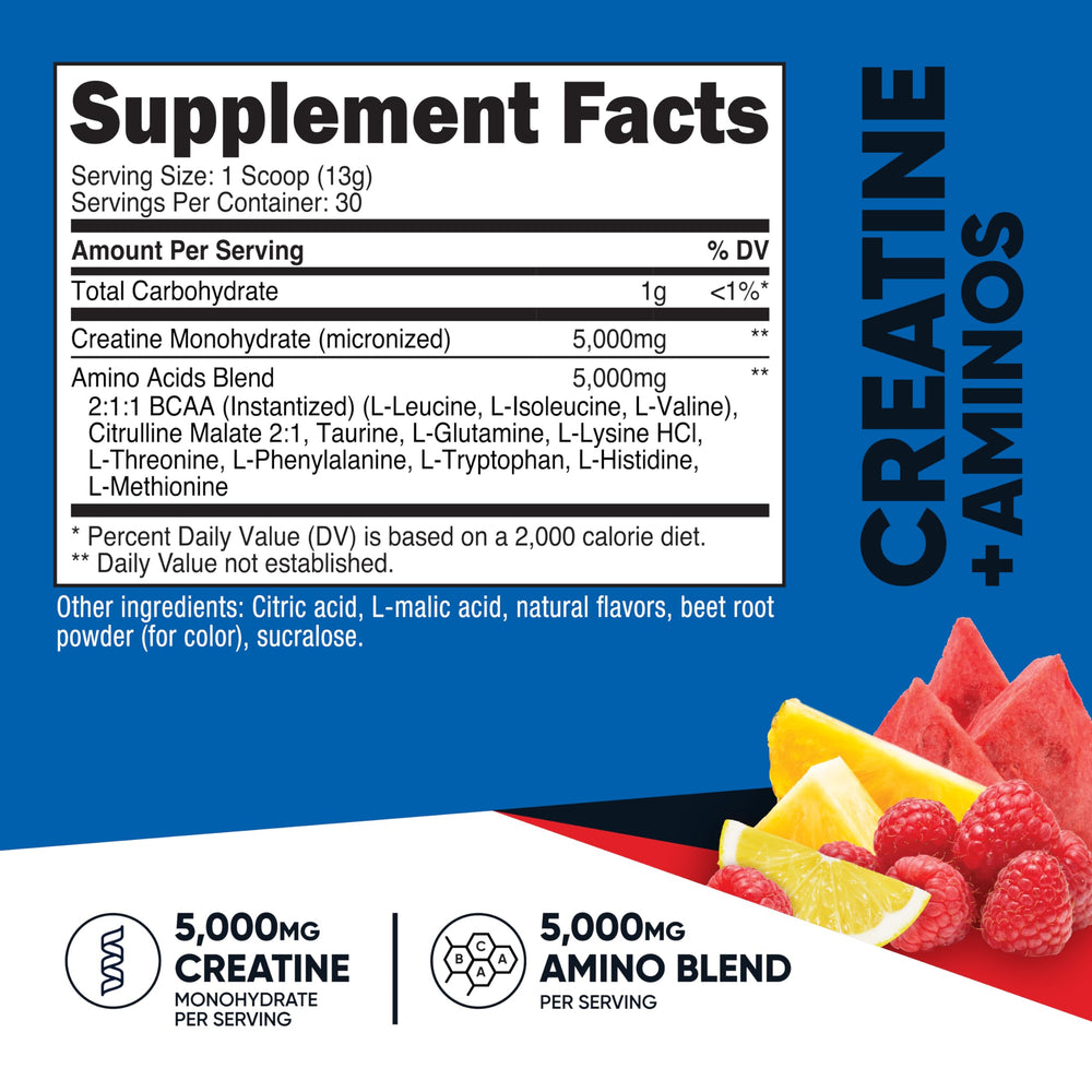 Nutricost Creatine + Aminos scoop with Fruit Punch, easy portioning for workouts