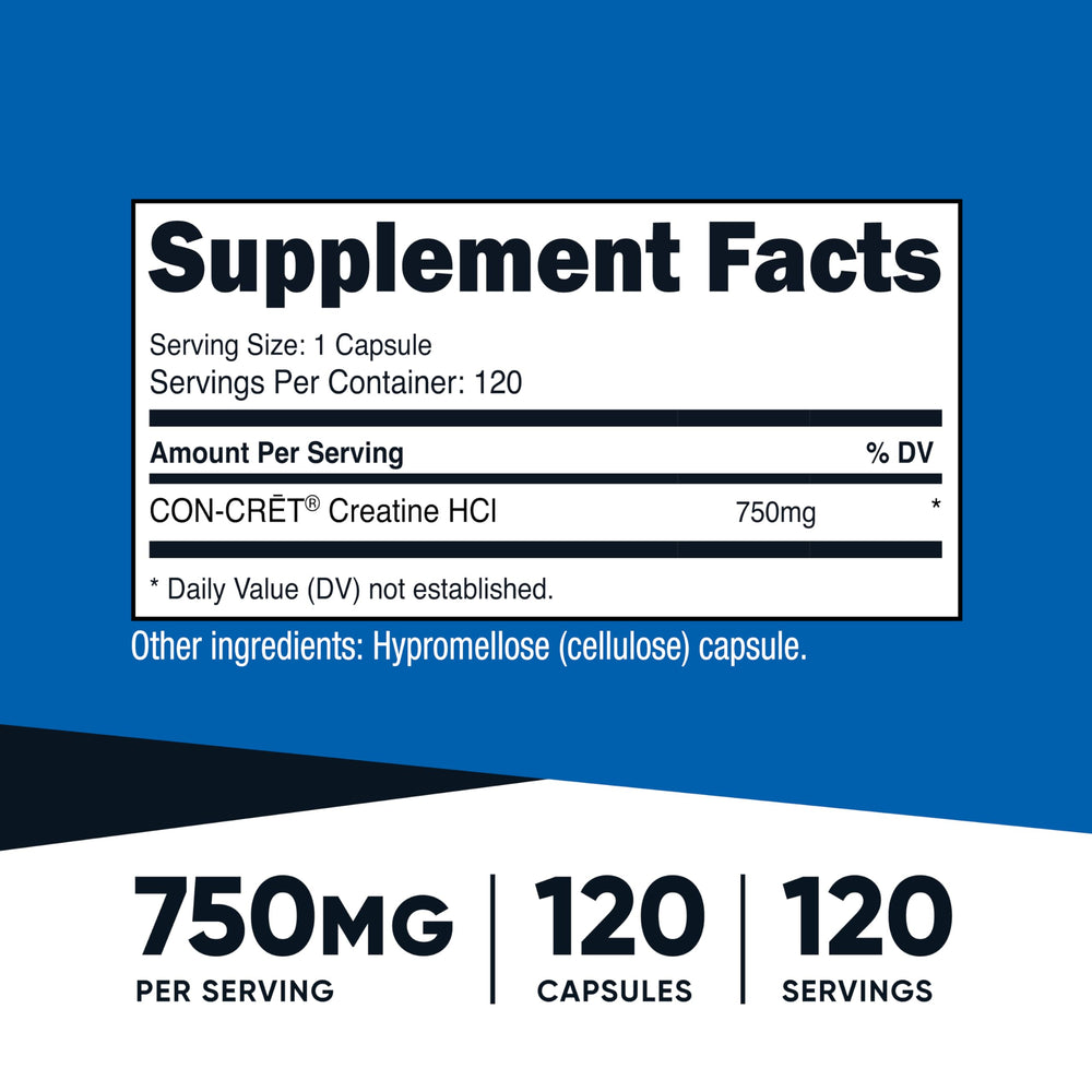 Close-up of Nutricost Creatine HCl 750mg capsules for precise dosing.