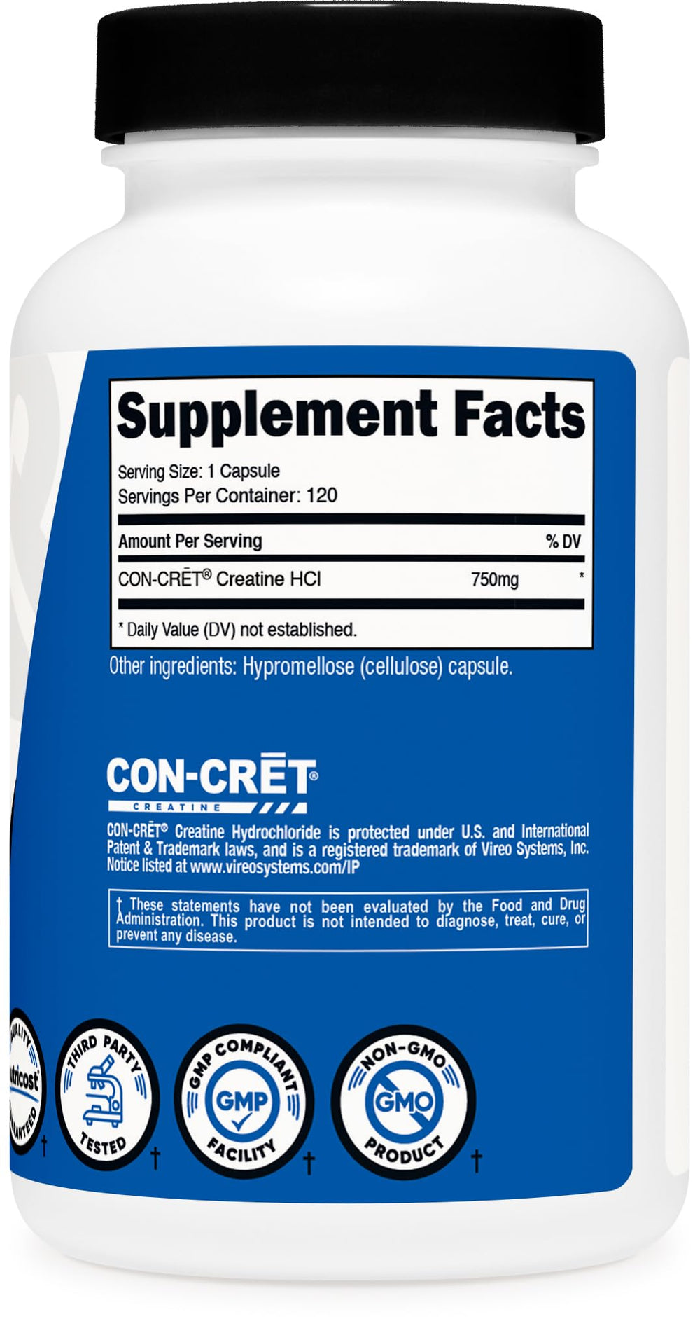 Nutricost Creatine HCl 750mg bottle beside a shaker for workouts.