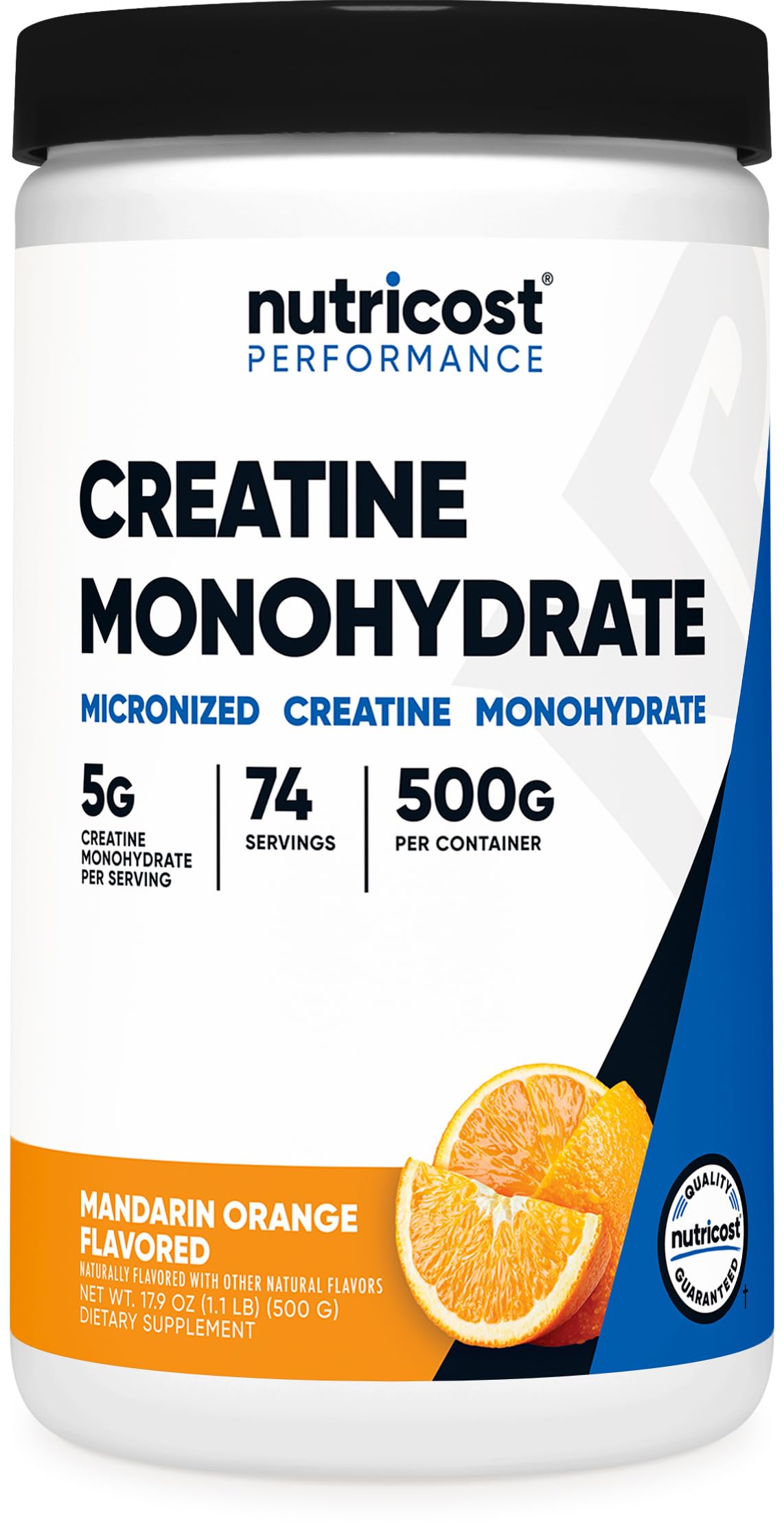 Nutricost Creatine Monohydrate Mandarin Orange bottle for flavorful daily dosing.