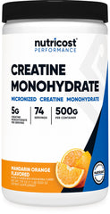 Nutricost Creatine Monohydrate Mandarin Orange bottle for flavorful daily dosing.