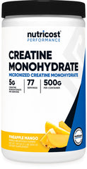 Nutricost Creatine Monohydrate Pineapple Mango bottle with 77 servings.