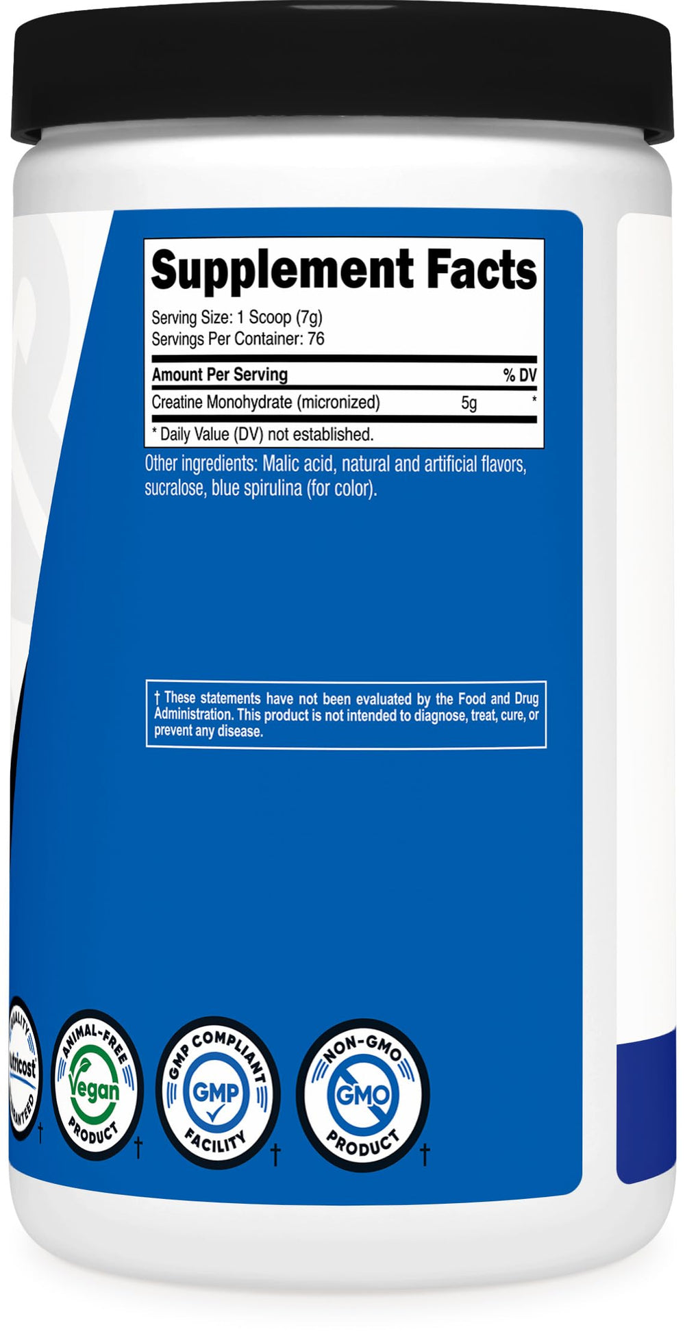 Nutricost Creatine Monohydrate Blue Raspberry back label with nutrition details and directions.