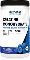 Nutricost Creatine Monohydrate Blue Raspberry front label highlights the brand and product name for visibility.