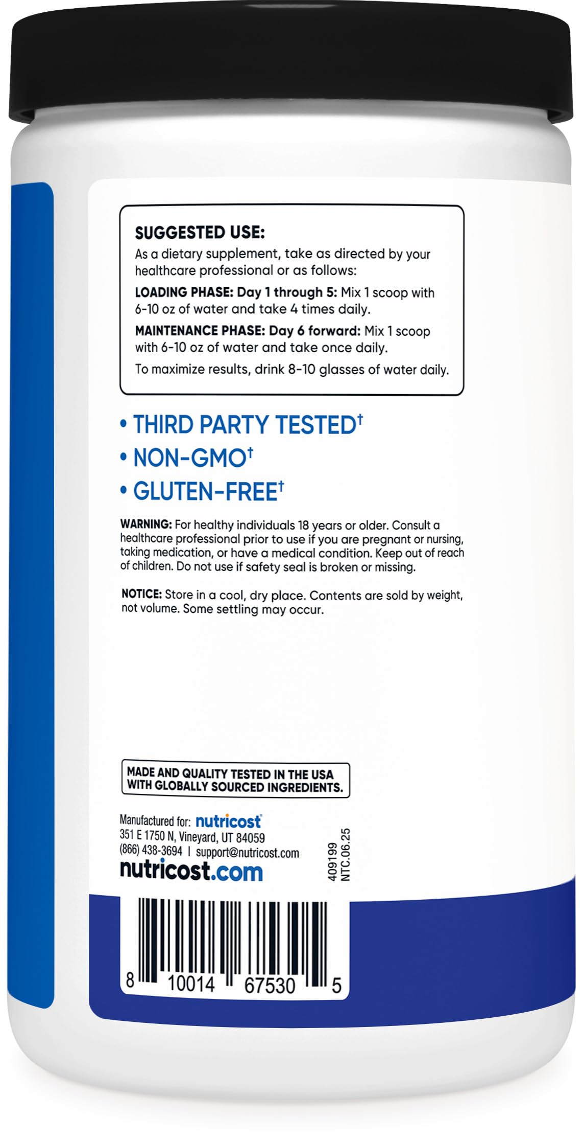 Nutricost Creatine Monohydrate Blue Raspberry NSF-certified facility quality and standards.