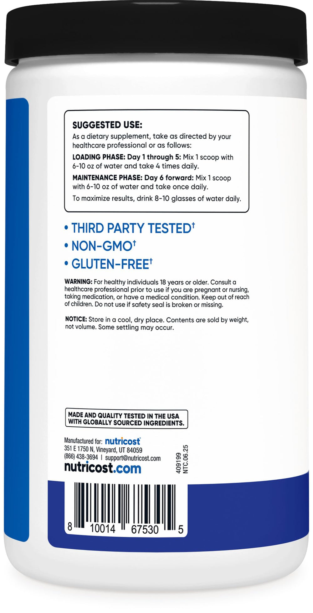 Nutricost Creatine Monohydrate Blue Raspberry NSF-certified facility quality and standards.