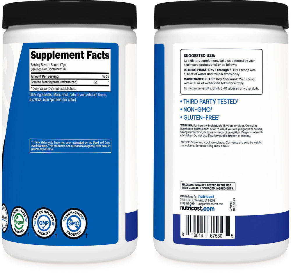 Nutricost Creatine Monohydrate Blue Raspberry ready-to-mix shake visual for quick hydration.