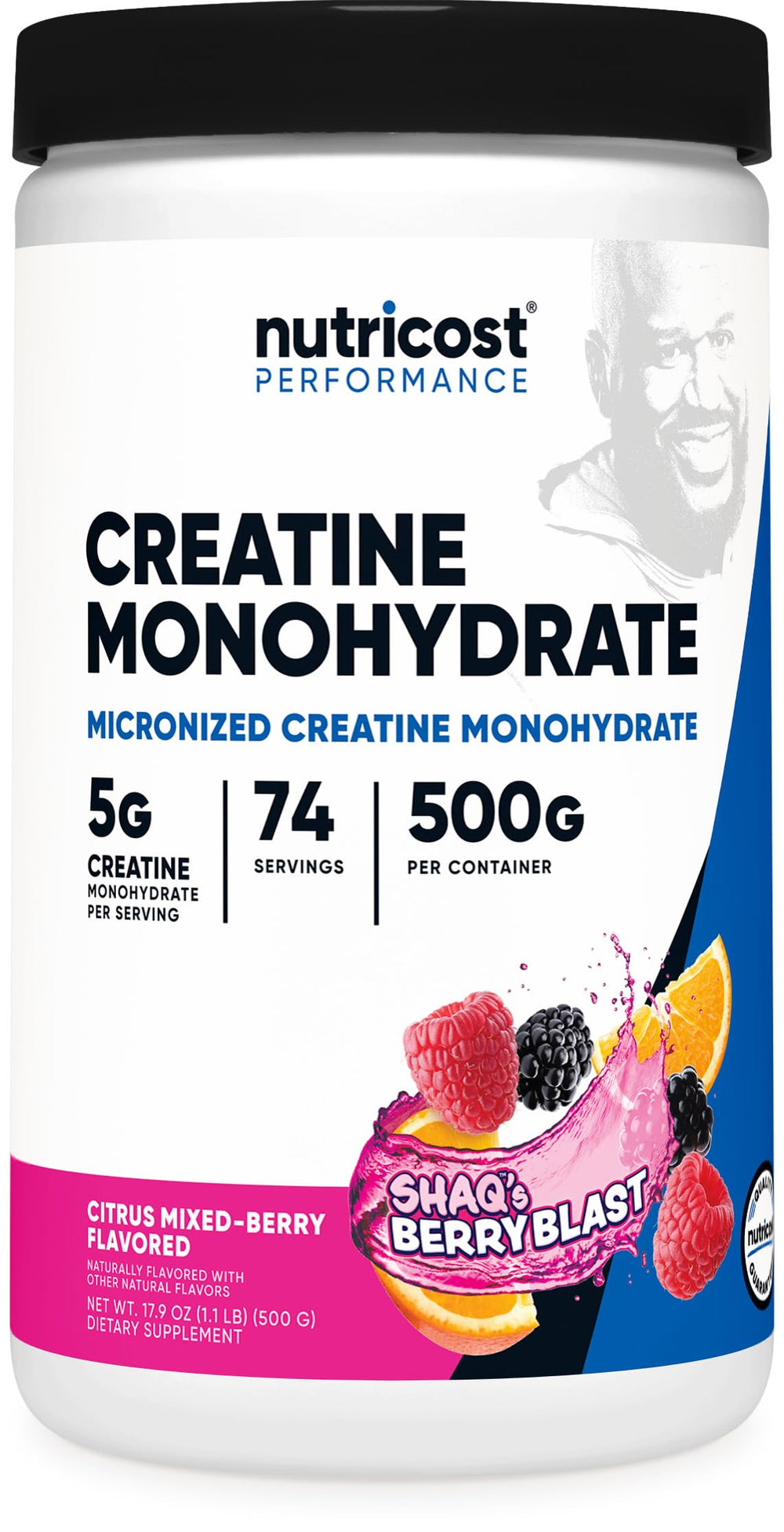 Nutricost Creatine Monohydrate Shaq's Berry Blast bottle shows simple daily dosing for training.
