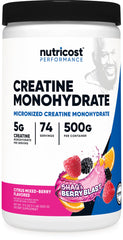 Nutricost Creatine Monohydrate Shaq's Berry Blast bottle shows simple daily dosing for training.