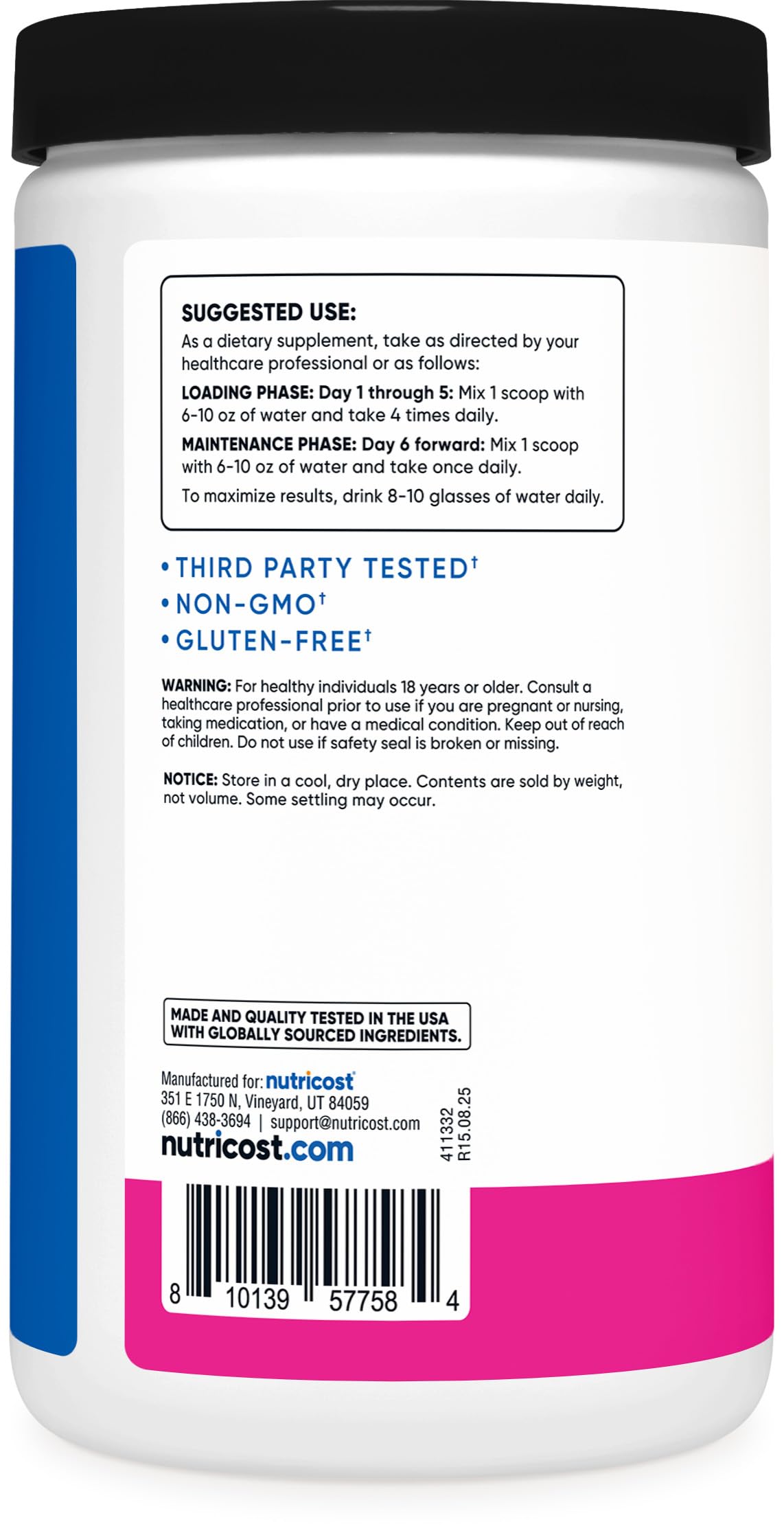 Nutricost Creatine Monohydrate Shaq's Berry Blast label presents ingredients and nutrition at a glance.