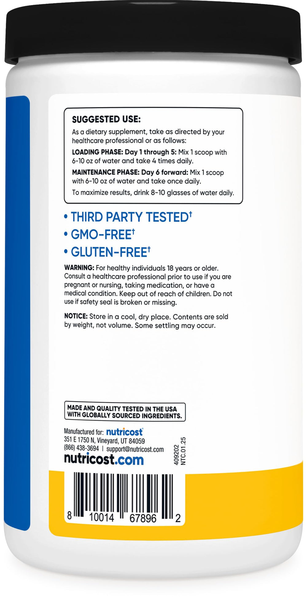 Nutricost label close-up highlights quality, vegan formula, and GMP standards.