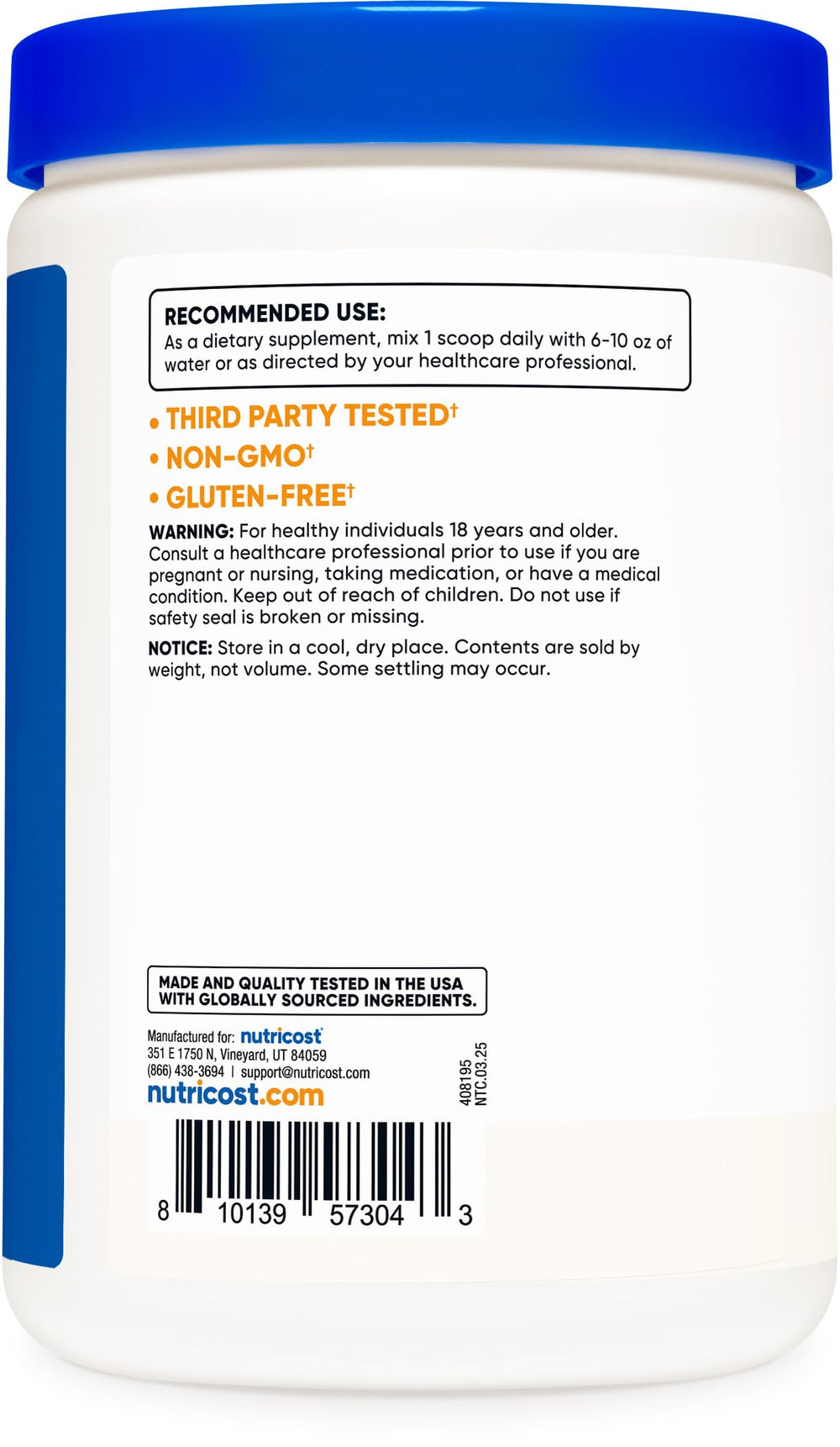 Nutricost D-Mannose powder label front highlights gluten-free and non-GMO status.