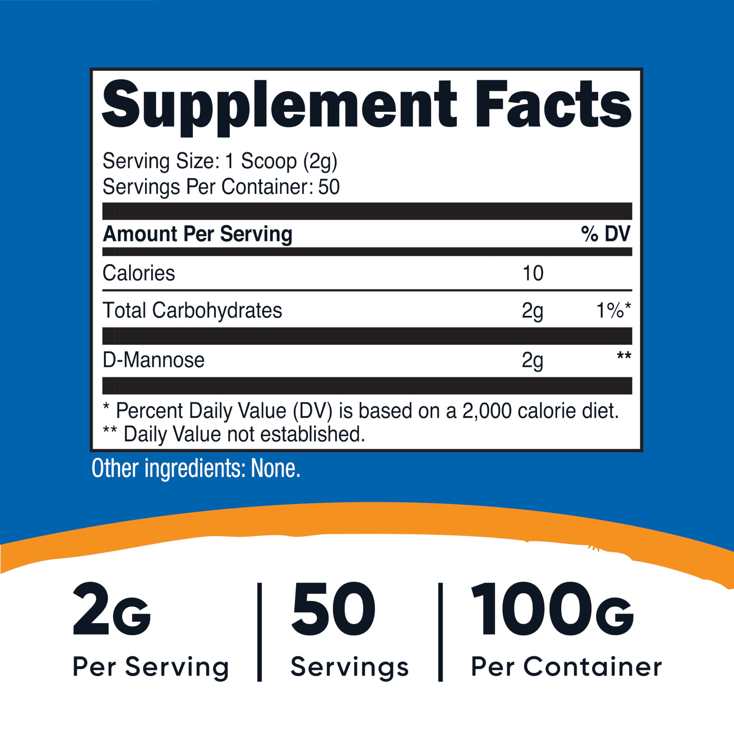 Nutricost D-Mannose powder with measuring scoop showing 2 g serving