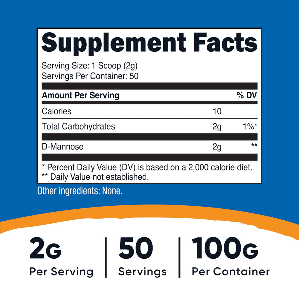 Nutricost D-Mannose powder with measuring scoop showing 2 g serving