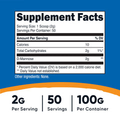Nutricost D-Mannose powder with measuring scoop showing 2 g serving