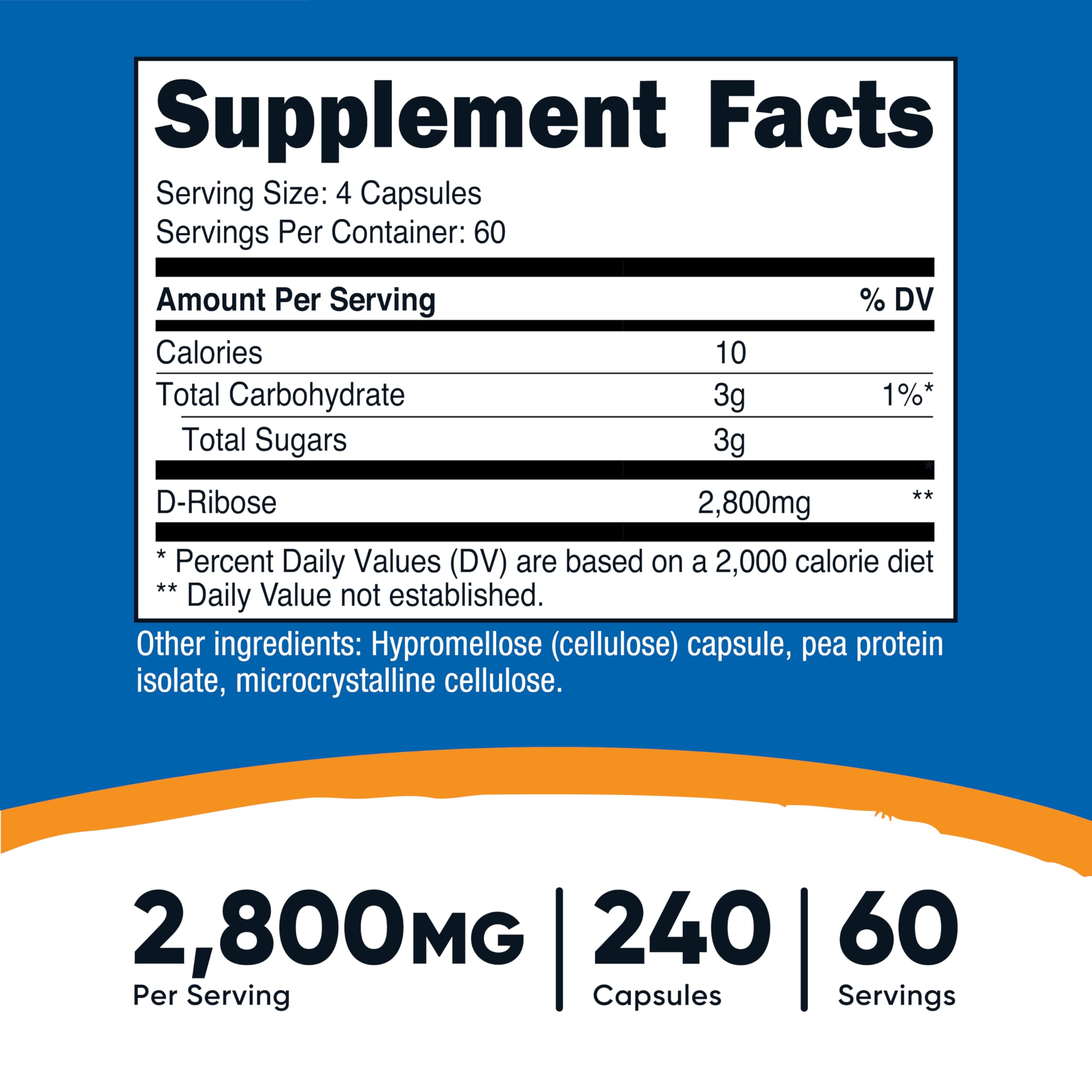 Nutricost D-Ribose capsules close-up highlighting vegetarian-friendly and non-GMO labels.