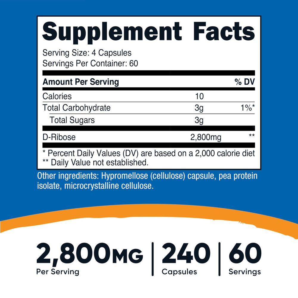 Nutricost D-Ribose capsules close-up highlighting vegetarian-friendly and non-GMO labels.