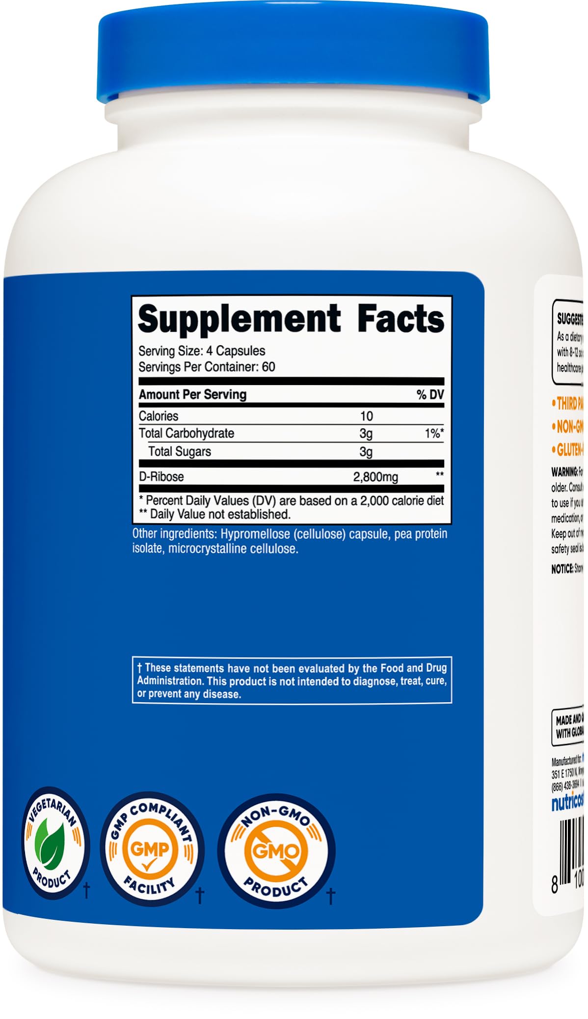 Nutricost D-Ribose packaging highlights gluten-free and vegetarian-friendly claims.