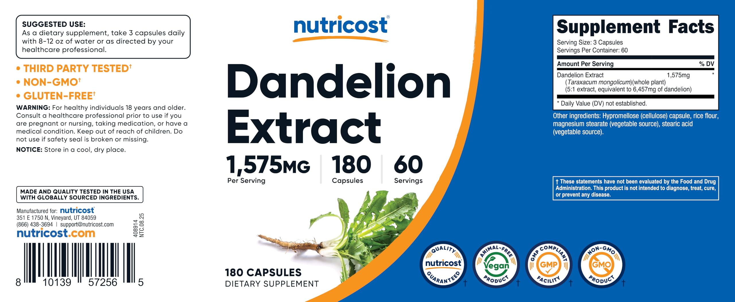 Nutricost Dandelion Extract facility highlighting NSF GMP and FDA registration