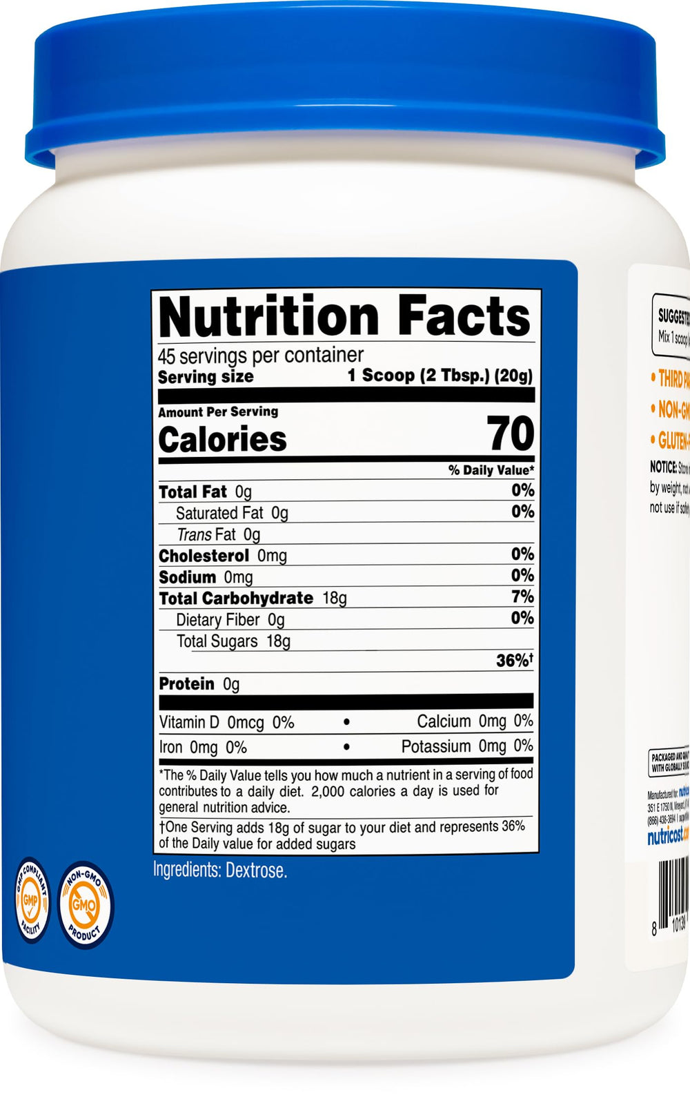 Nutricost Dextrose package indicates gluten-free, vegetarian friendly credentials.