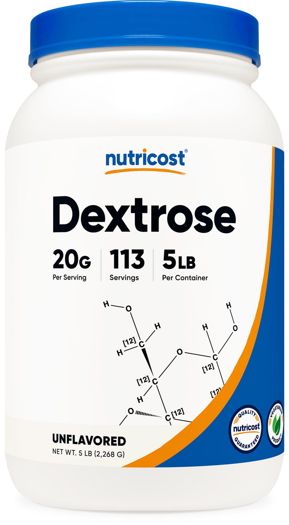 Nutricost Dextrose Powder bottle front, 5 lb jar for bulk daily use.