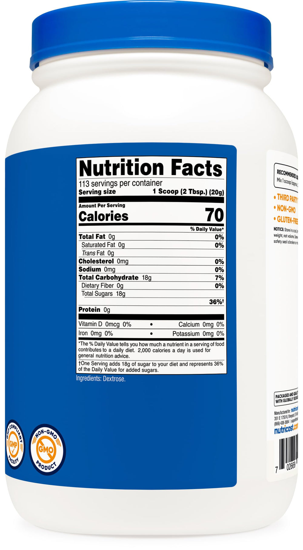 Nutricost Dextrose Powder 5 lb container on pantry shelf.