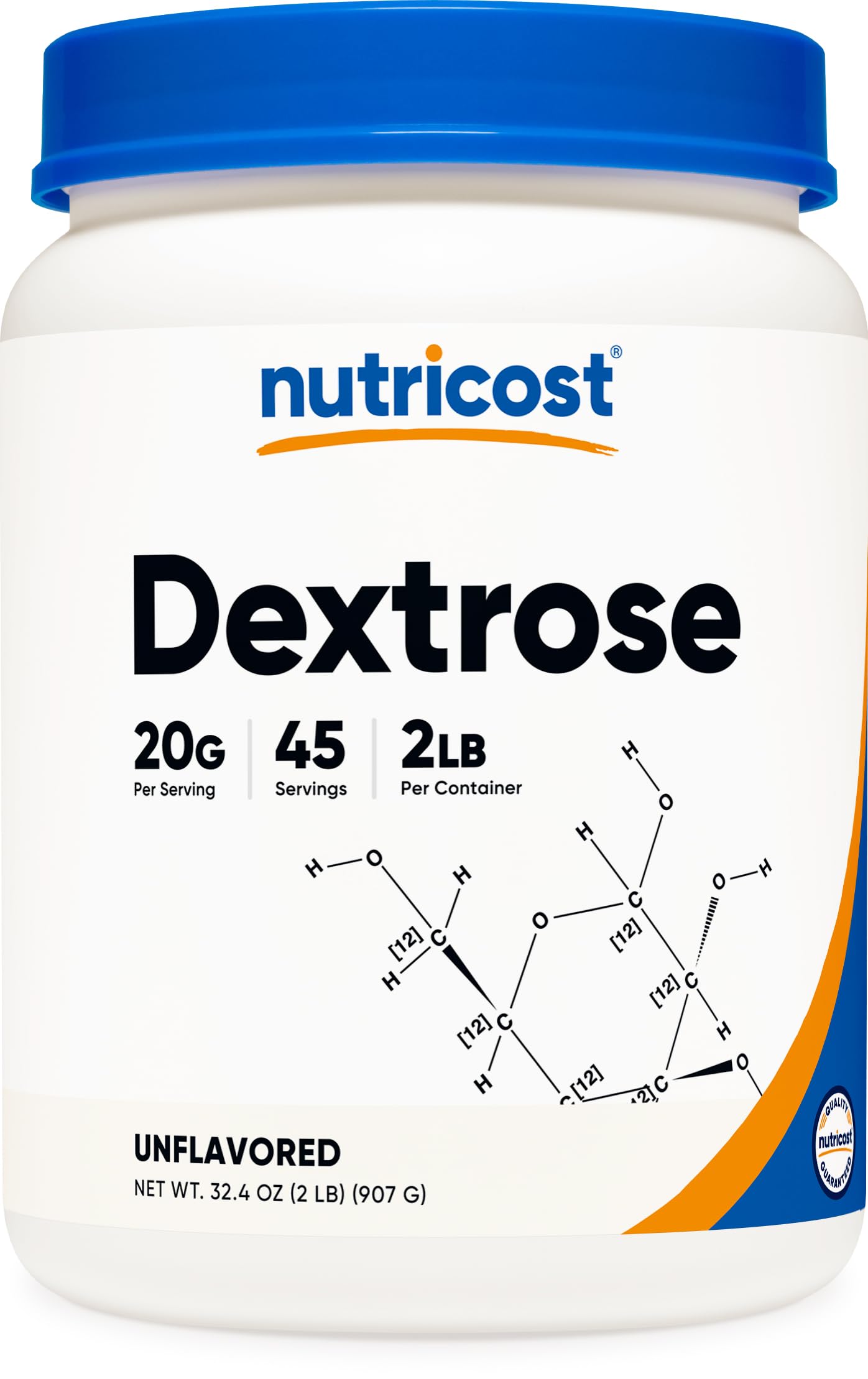 Nutricost Dextrose powder bottle shows gluten-free, non-GMO ingredient for versatile use.
